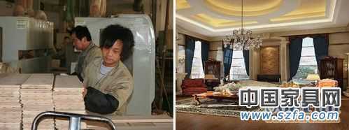 地板生产车间工人与他们生产出的产品