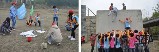 当天下午,又进行了《神笔马良》团队协作训练,八人各执一根绳,托起